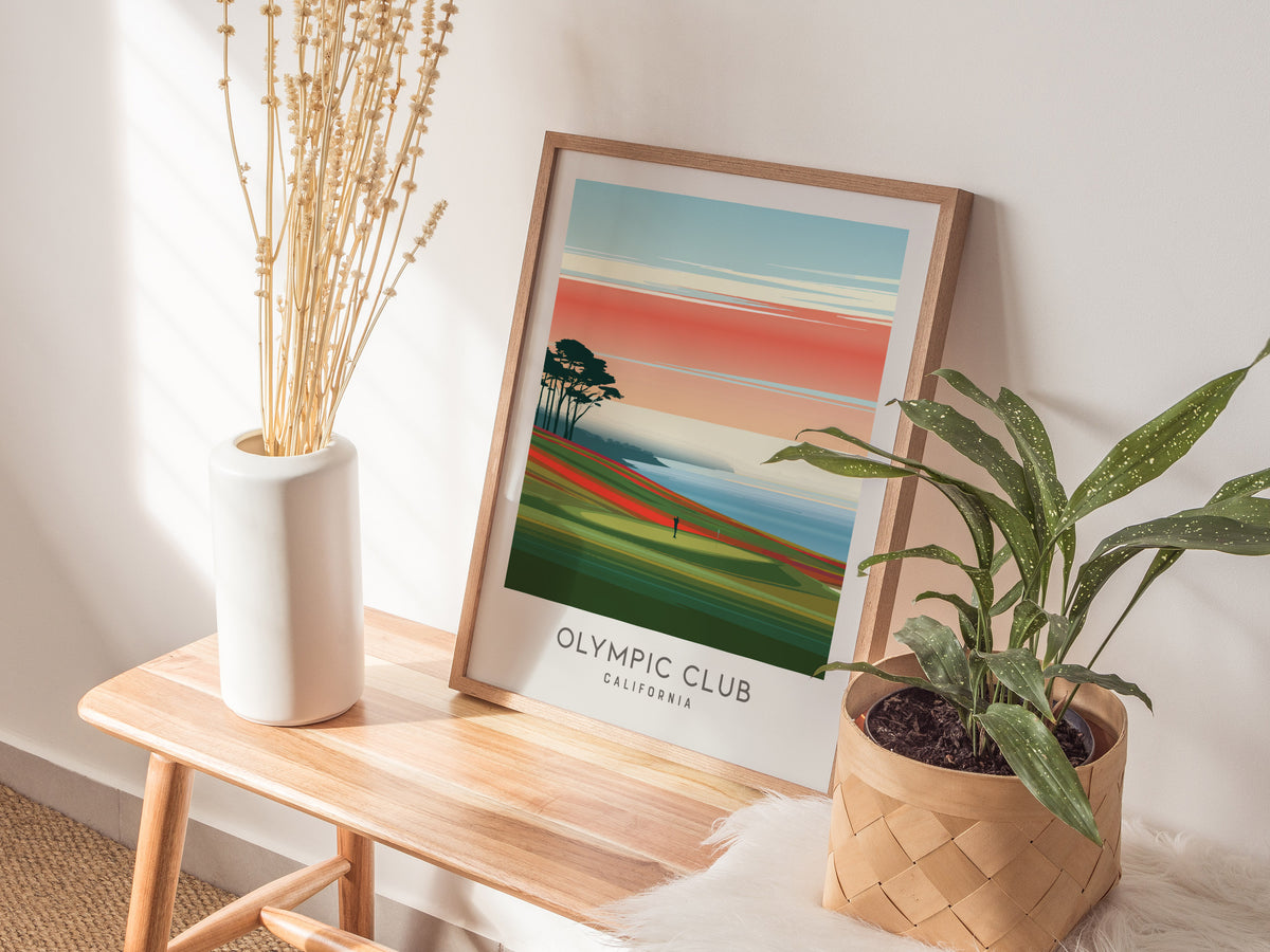 Olympic Club Matte Border Poster | California Golf Course Print & Country Club Decor — styled in a modern interior