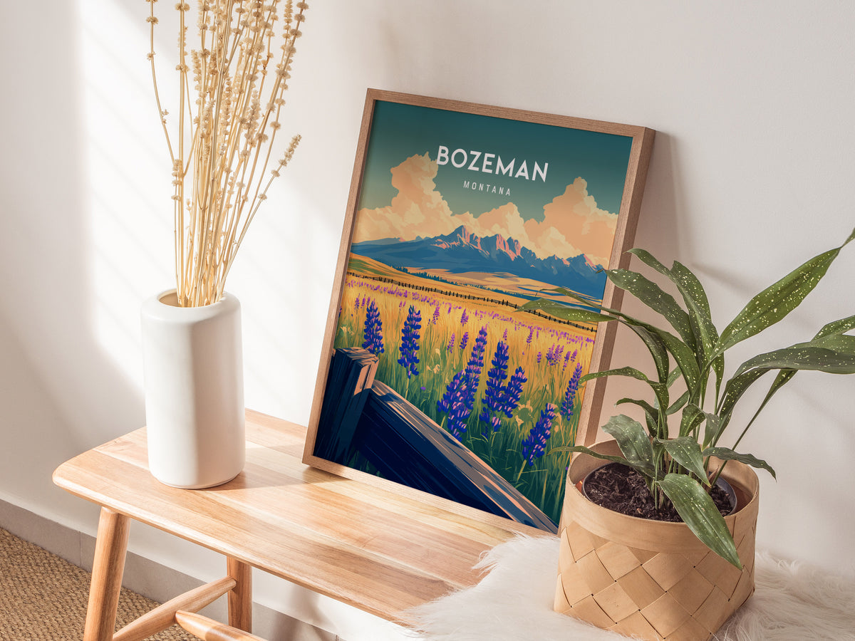Bozeman, Montana Poster | Mountain Valley Adventure Wall Art — styled in a modern interior