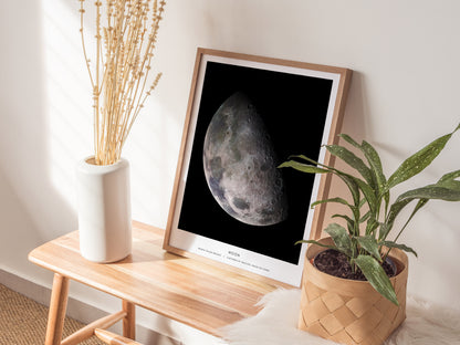Natural wood framed Moon print leaning on a shelf next to plants and neutral home accessories
