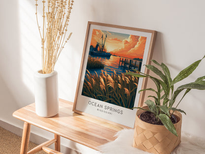 Ocean Springs Matte Border Poster | Mississippi Vacation Wall Art — styled in a modern interior