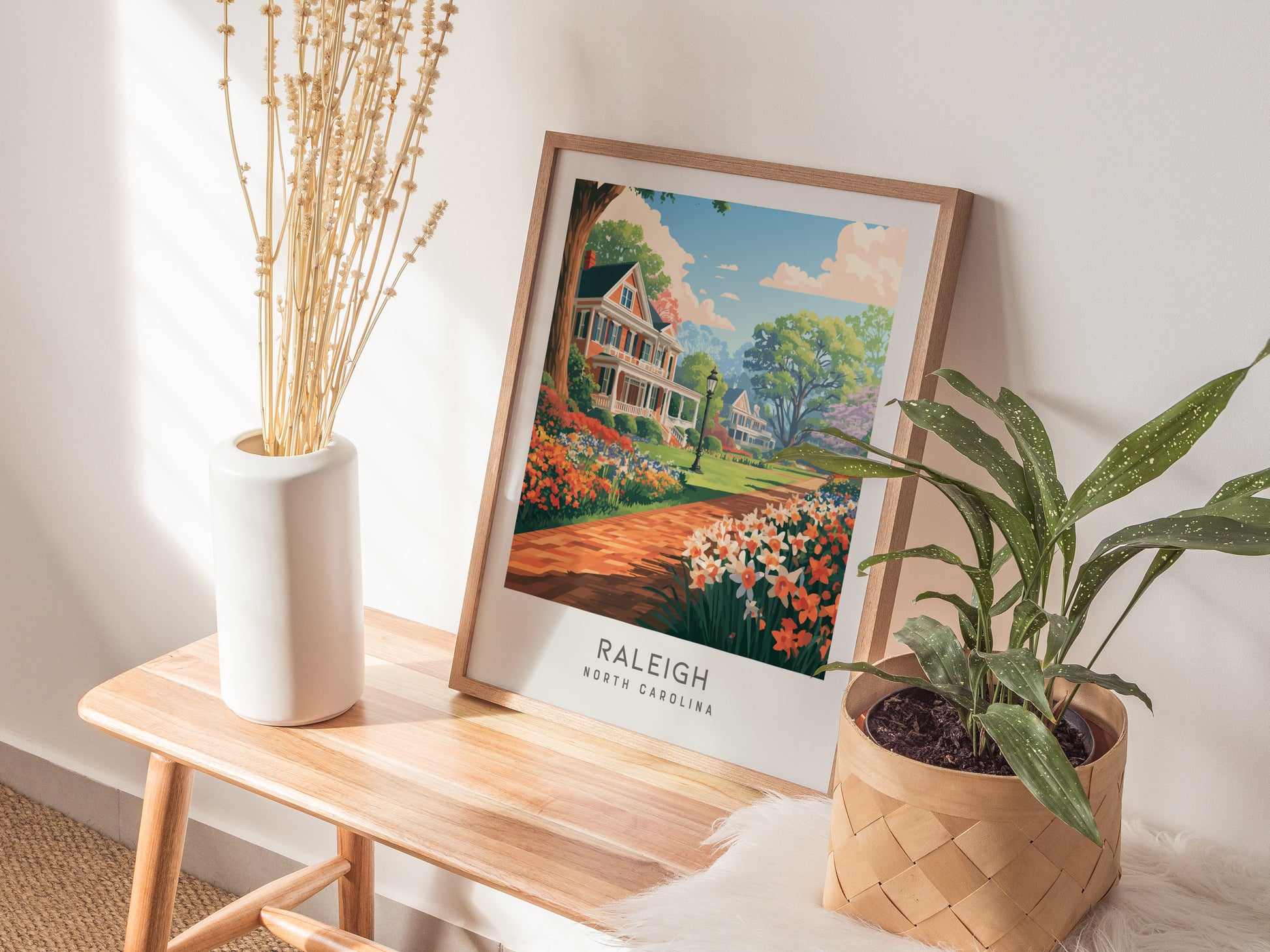 Raleigh Matte Border Poster | North Carolina Oak City Vacation Wall Art — styled in a modern interior
