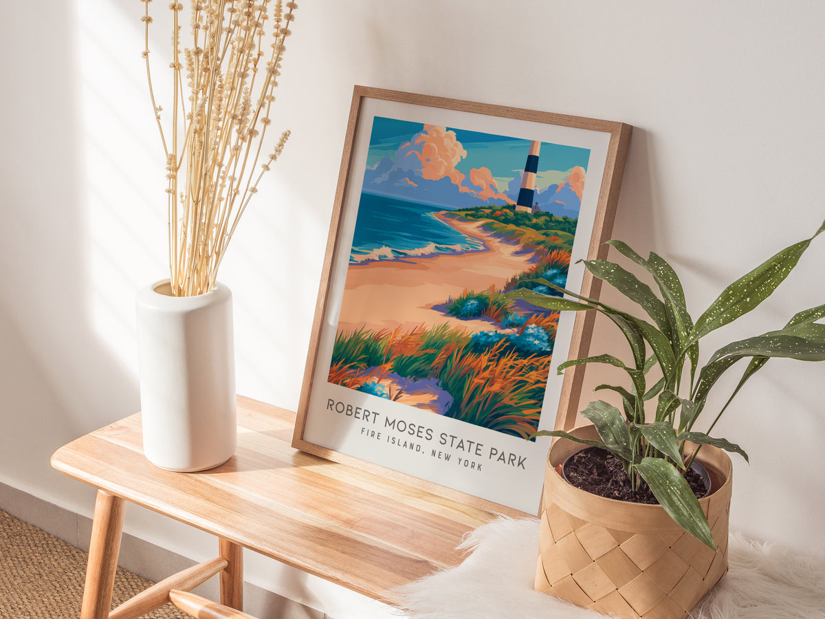 Robert Moses State Park Matte Border Poster | Fire Island, New York Beach House Decor — styled in a modern interior