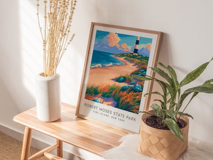 Robert Moses State Park Matte Border Poster | Fire Island, New York Beach House Decor — styled in a modern interior