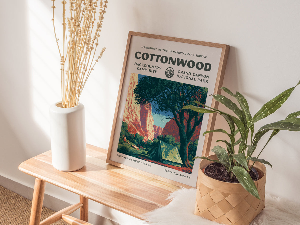 Cottonwood Camp, Grand Canyon National Park Poster | Camper Gift | Backcountry Canyon Trail Wall Art — styled in a modern int