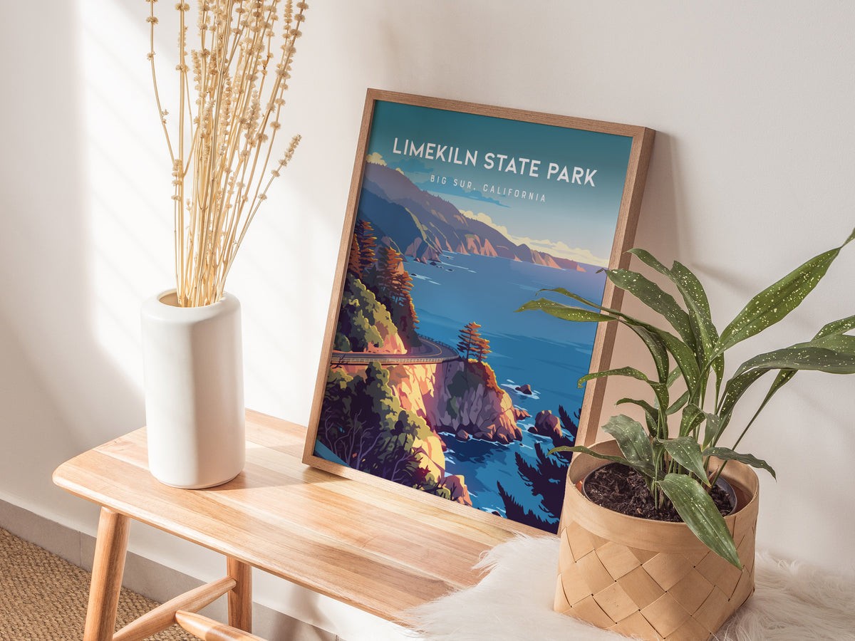 Limekiln State Park, Big Sur, California Poster | Redwoods & Coastal Cliffs Destination Print Wall Art — styled in a modern i