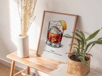 Negroni Poster | Vintage Cocktail Scientific Illustration Wall Art — styled in a modern interior