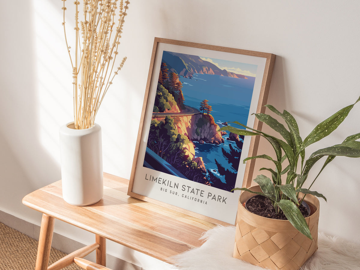 Limekiln State Park Matte Border Poster | Big Sur, California Travel Wall Art — styled in a modern interior