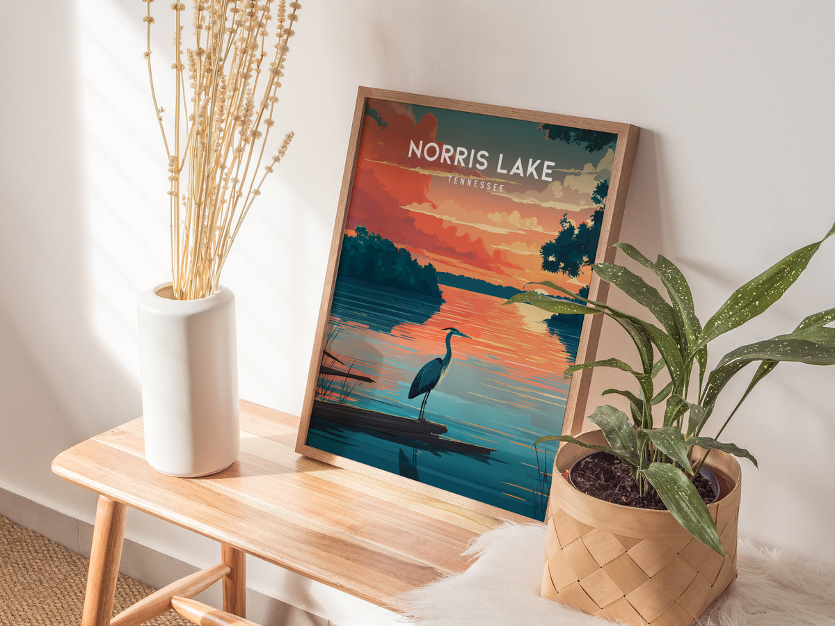 Norris Lake, Tennessee Poster | Lakeside Mountain Retreat Destination Print Wall Art — styled in a modern interior