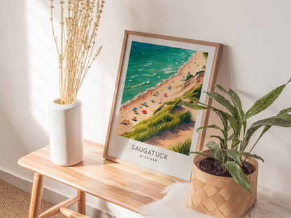 Saugatuck Matte Border Poster | Michigan Coastal Beach Decor Travel Wall Art — styled in a modern interior