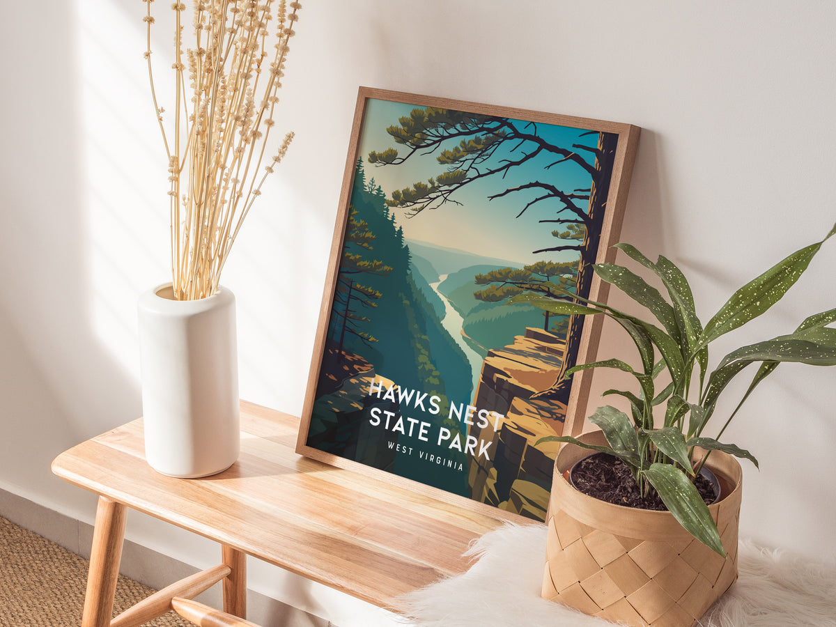 Hawks Nest State Park, West Virginia Poster | New River Gorge Scenic Vacation Wall Art — styled in a modern interior