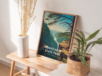 Hawks Nest State Park, West Virginia Poster | New River Gorge Scenic Vacation Wall Art — styled in a modern interior