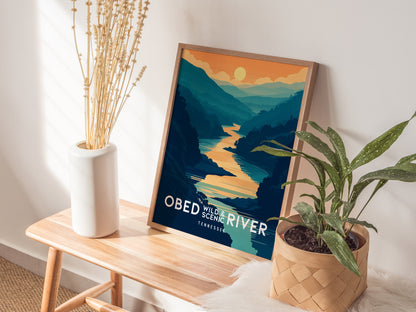 A framed Obed Wild and Scenic River poster sits on a wooden bench, accompanied by a white vase with dried flowers and a potted plant. Sunlight streams in, creating shadows.