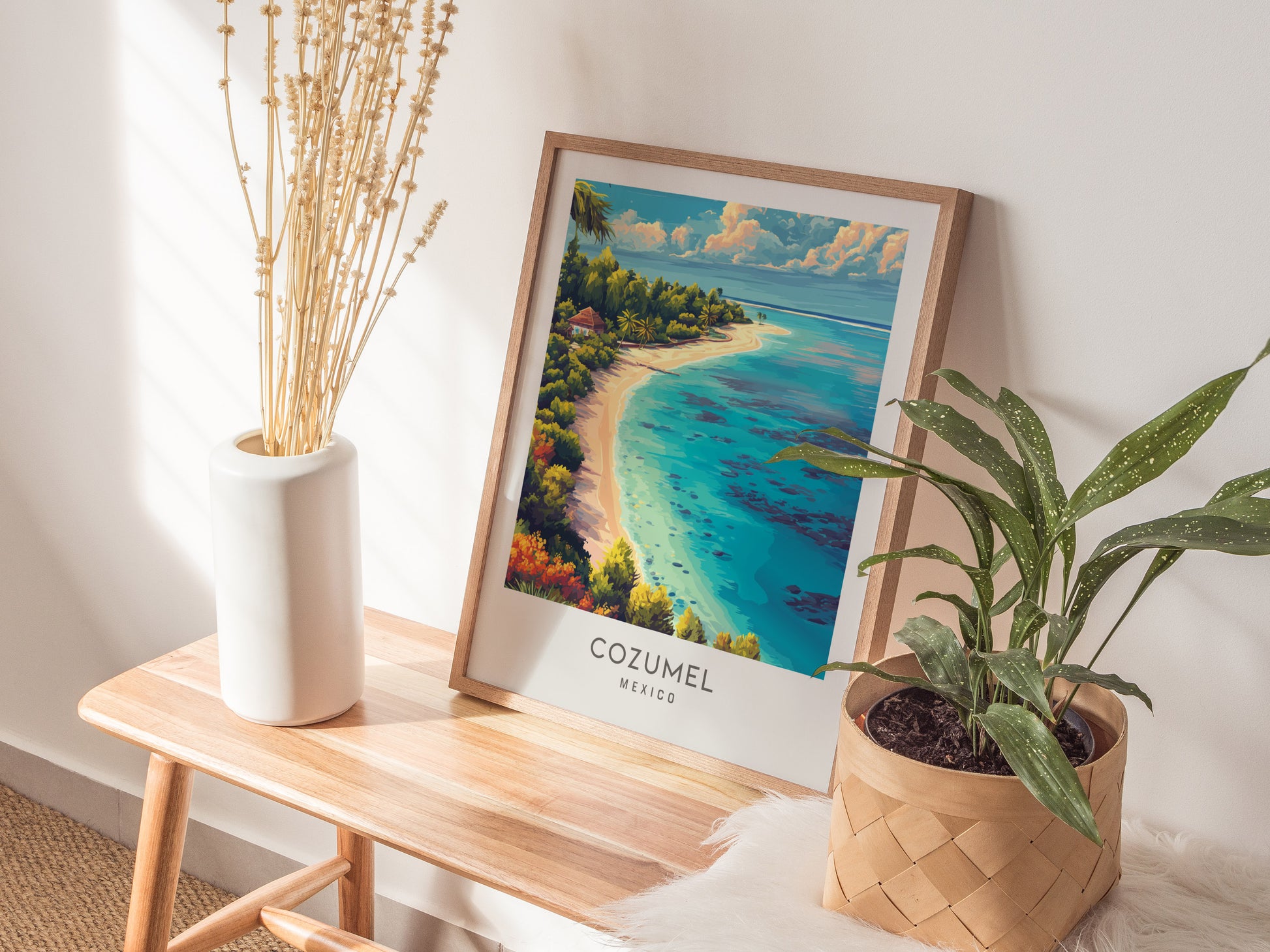 Cozumel Matte Border Poster | Mexico Coastal Beach Decor Vacation Wall Art — styled in a modern interior