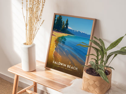 A framed Baldwin Beach Lake Tahoe poster rests on a wooden bench, accompanied by a white vase with dried plants and a potted green plant. Sunlight casts soft shadows.