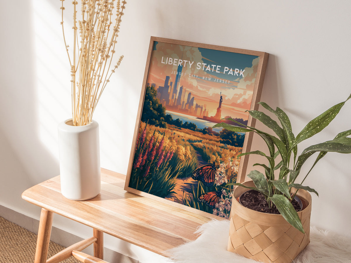 Liberty State Park, Jersey City, New Jersey Poster | Skyline & Harbor Travel Wall Art — styled in a modern interior