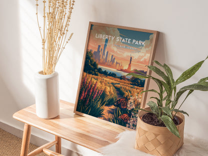 Liberty State Park, Jersey City, New Jersey Poster | Skyline & Harbor Travel Wall Art — styled in a modern interior