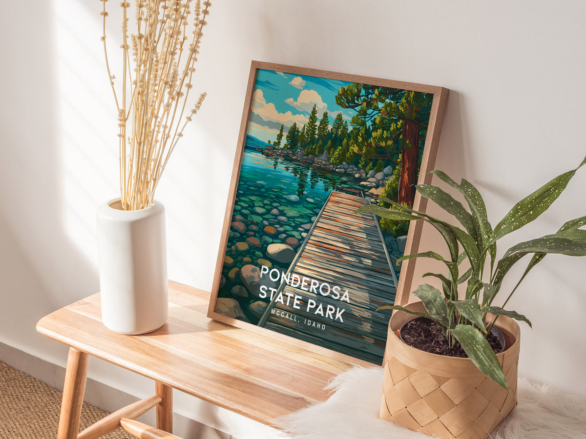Ponderosa State Park, McCall, Idaho Poster | Mountain Lake Wilderness Framed or Unframed Wall Art — styled in a modern interi