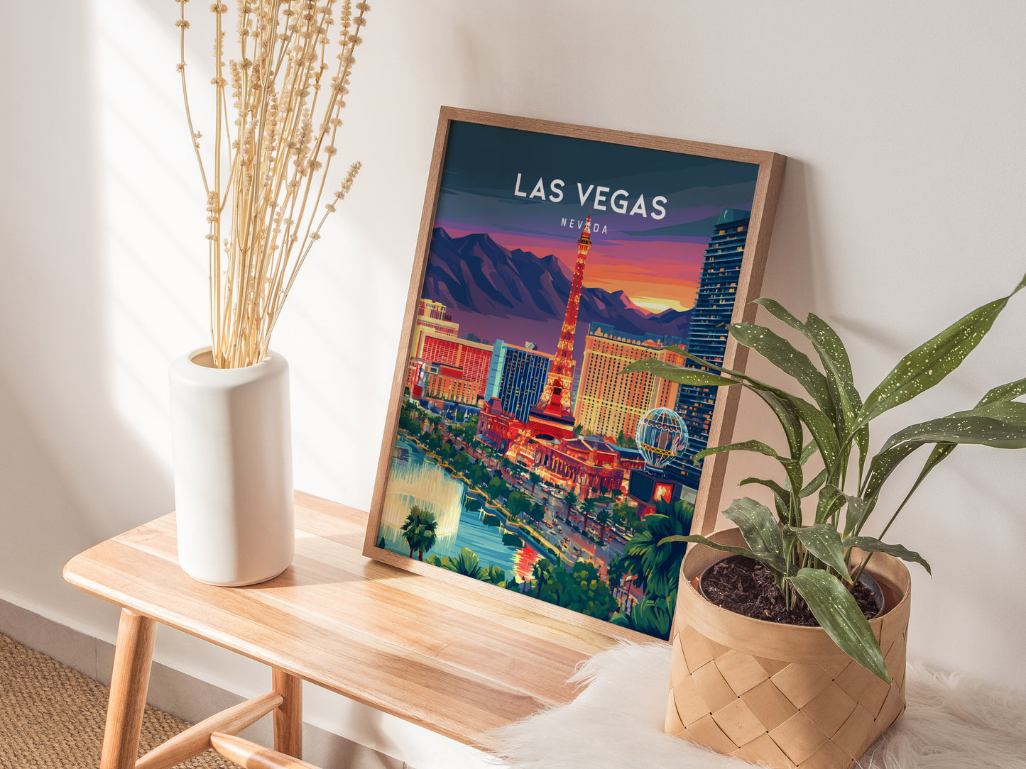 Las Vegas, Nevada Poster | Neon Lights & Desert Skyline Wall Art — styled in a modern interior