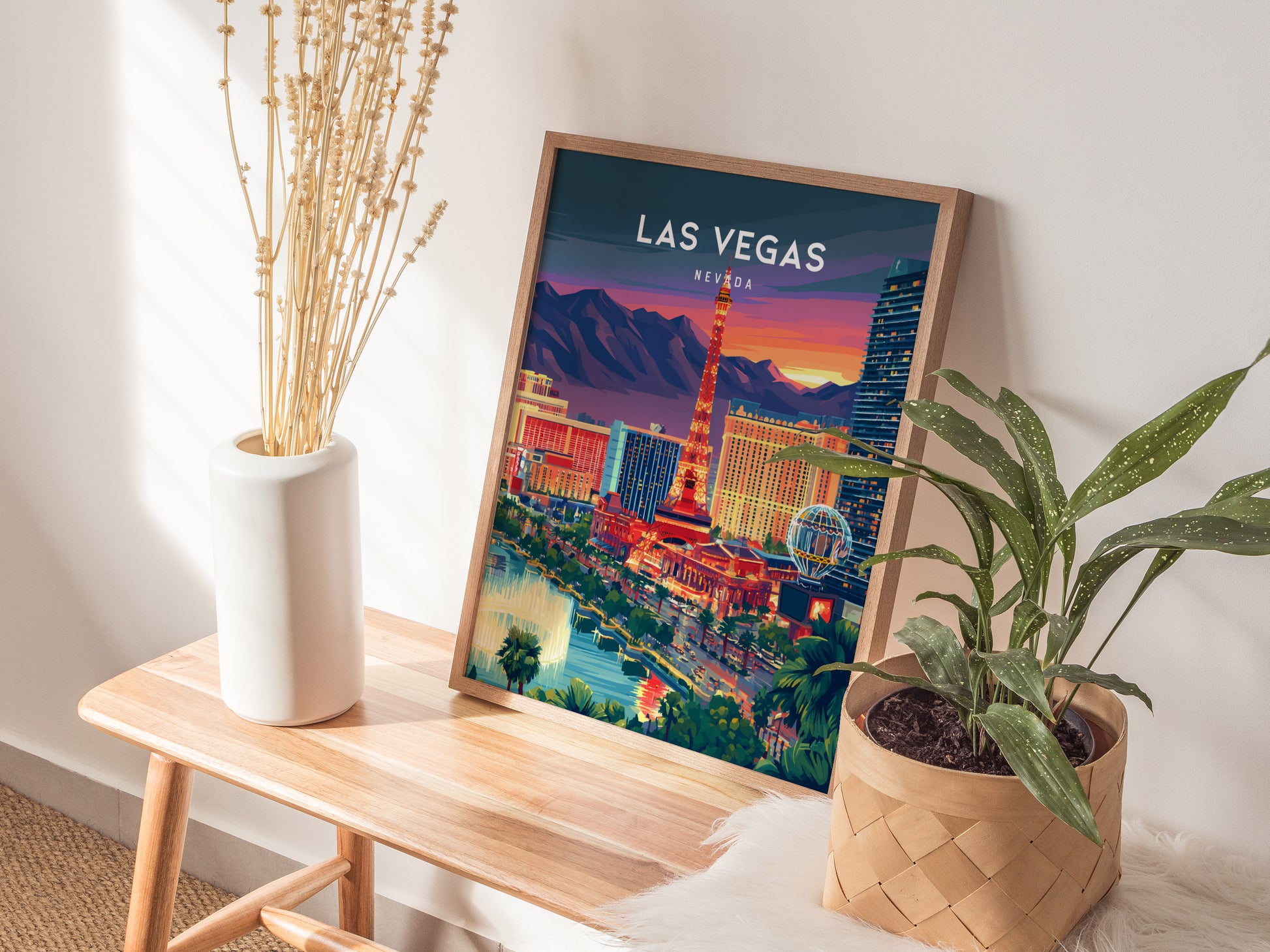 Las Vegas, Nevada Poster | Neon Lights & Desert Skyline Wall Art — styled in a modern interior
