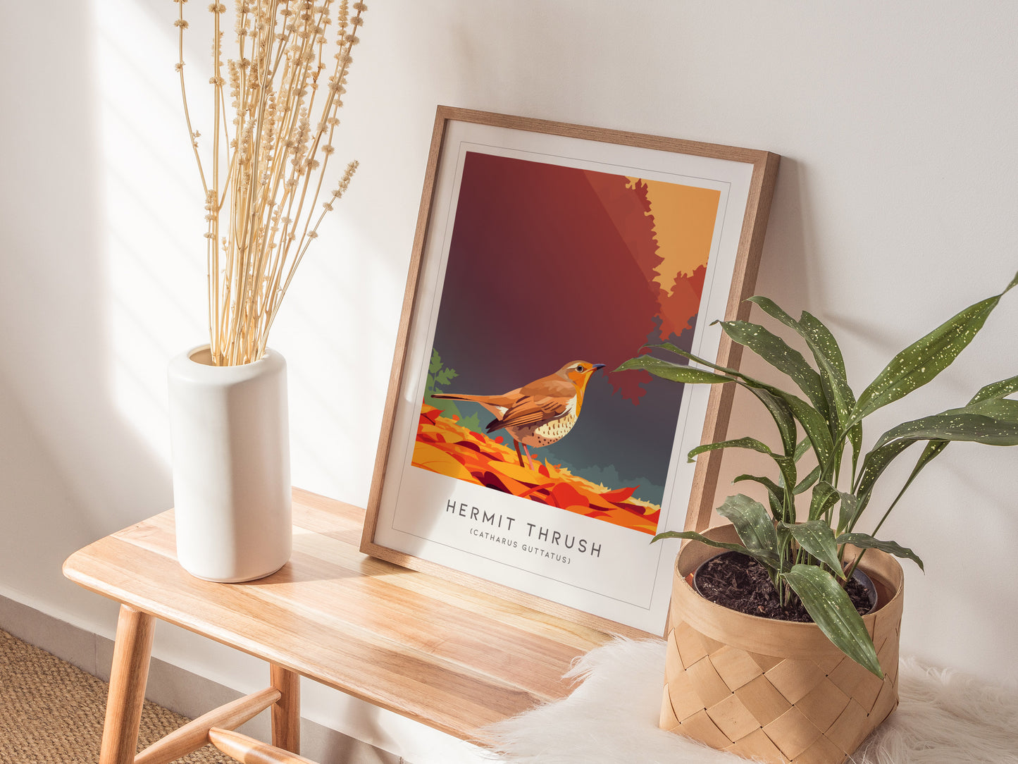 Hermit Thrush Poster | Woodland Songbird Forest Art Wall Art — styled in a modern interior
