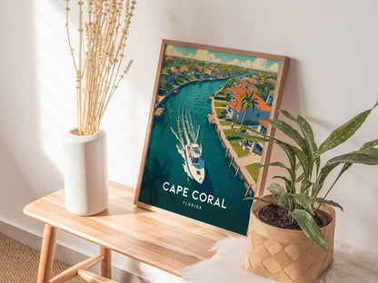 A framed Cape Coral, Florida poster depicting a canal with a boat, tropical homes, and palm trees sits on a wooden bench next to a white vase and a potted.