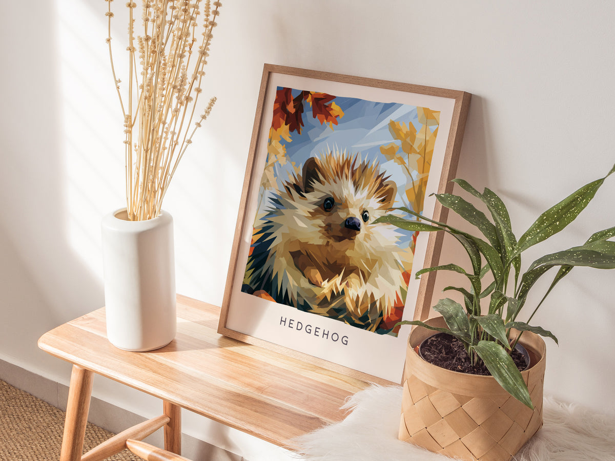 Hedgehog, Erinaceus europaeus Poster | Woodland Wildlife Wall Art — styled in a modern interior