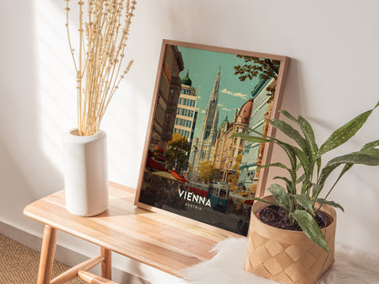 Framed Vienna cityscape poster featuring a historic tower, lively street cafes, and a tram in warm pastel colors, perfect travel art.