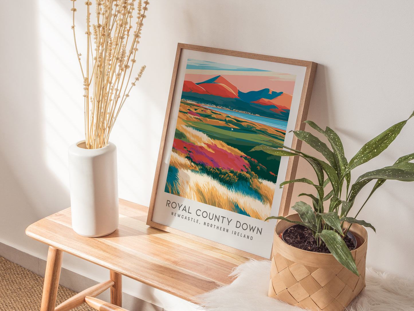 Royal County Down Matte Border Poster | Newcastle, Northern Ireland Golf Course Print Wall Art — styled in a modern interior