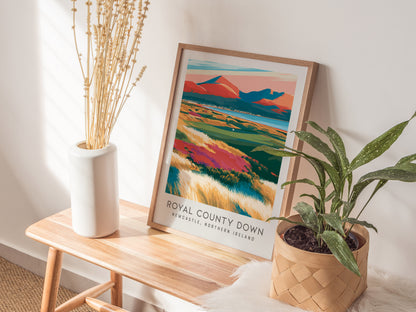 Royal County Down Matte Border Poster | Newcastle, Northern Ireland Golf Course Print Wall Art — styled in a modern interior