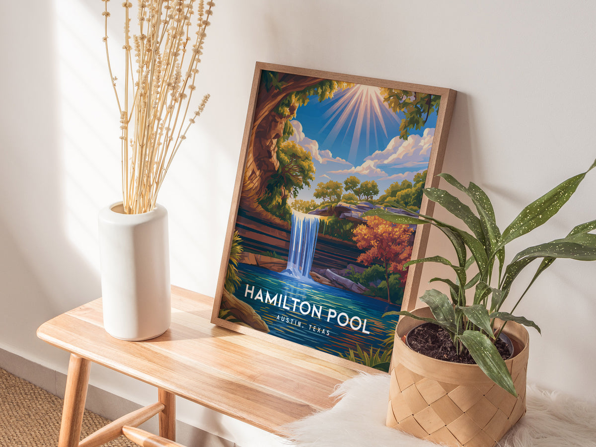 Hamilton Pool, Austin, Texas Poster | Natural Grotto & Waterfall Travel Wall Art — styled in a modern interior