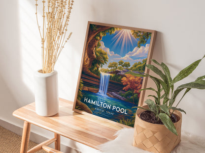 Hamilton Pool, Austin, Texas Poster | Natural Grotto & Waterfall Travel Wall Art — styled in a modern interior