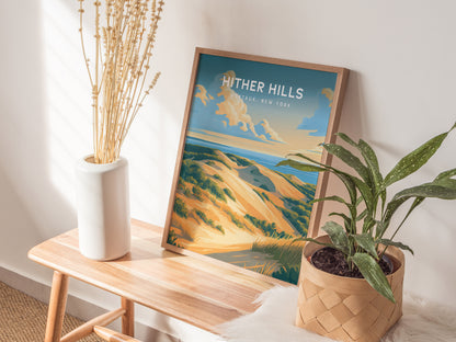 Hither Hills Poster | Montauk, New York Vacation Wall Art Framed or Unframed — styled in a modern interior