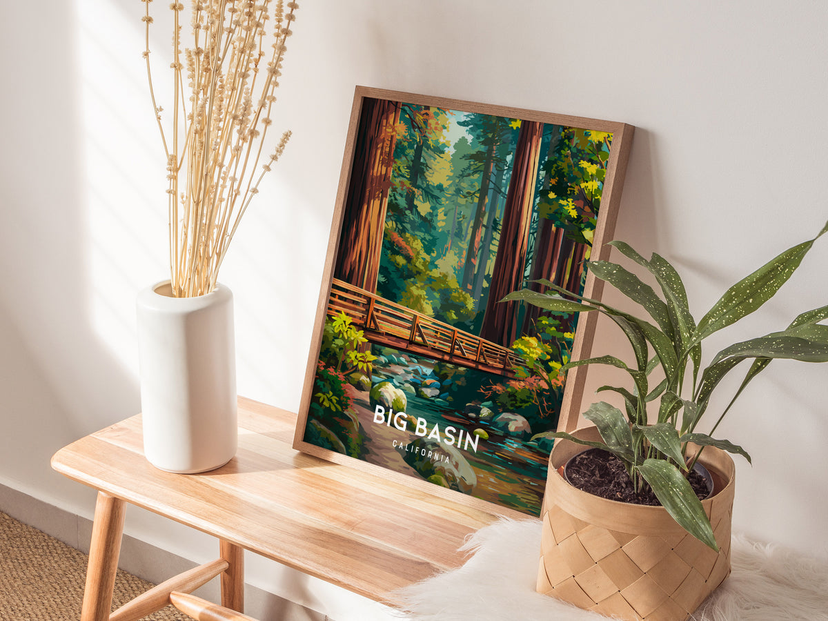 Big Basin Redwoods, California Poster | Towering Redwood Forest Vacation Wall Art — styled in a modern interior