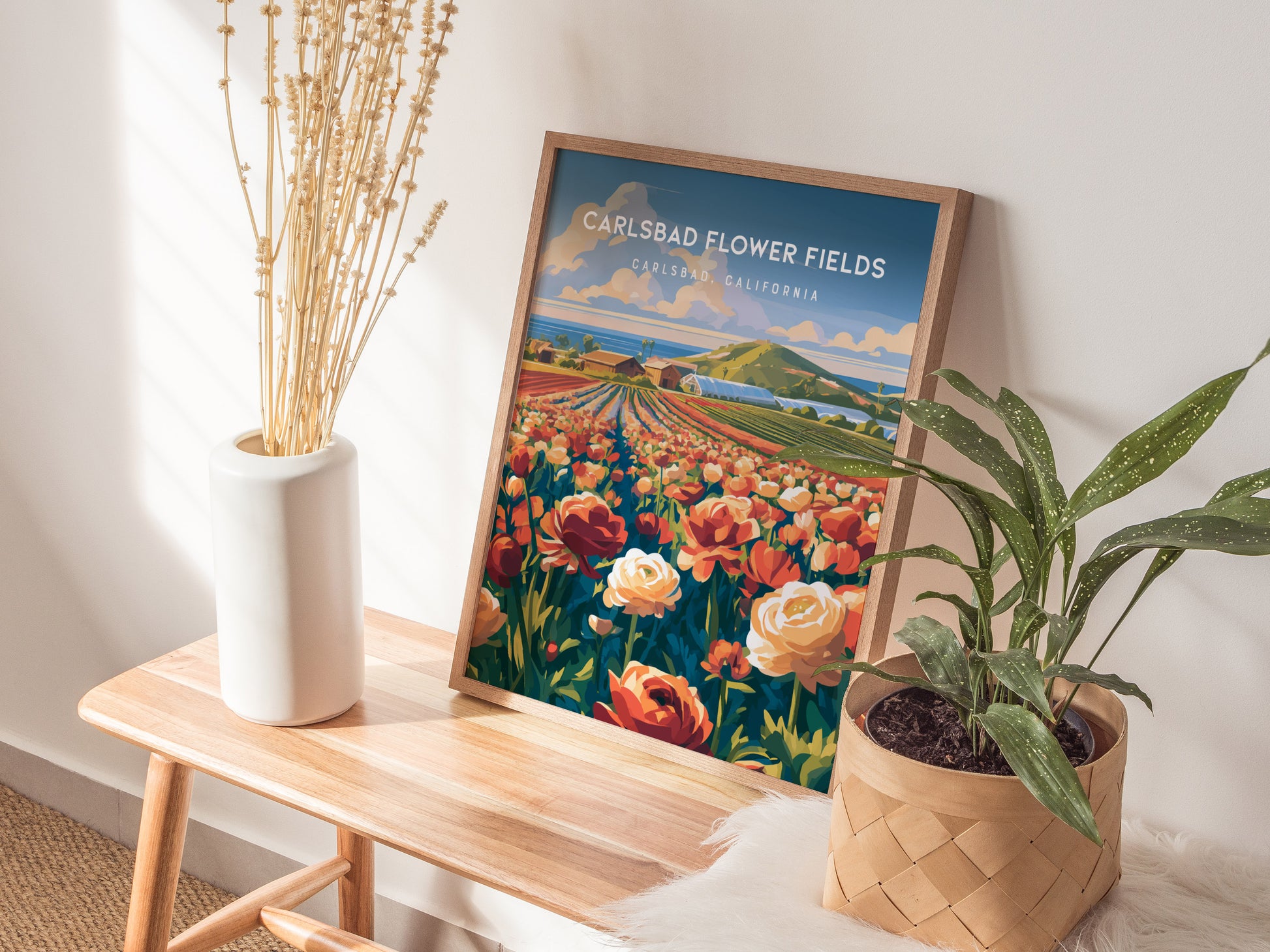 Carlsbad Flower Fields, California Poster | Vibrant Blooms & Coastal Views Wall Art — styled in a modern interior