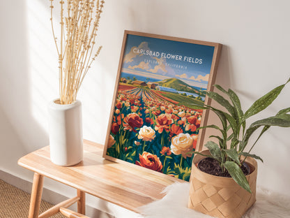 Carlsbad Flower Fields, California Poster | Vibrant Blooms & Coastal Views Wall Art — styled in a modern interior