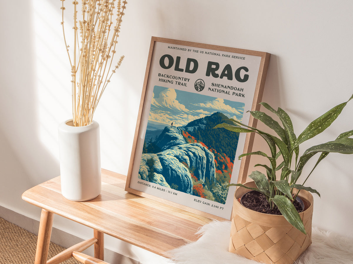 Old Rag, Shenandoah National Park Poster | Hiker Gift | Backcountry Trail Wall Art — styled in a modern interior
