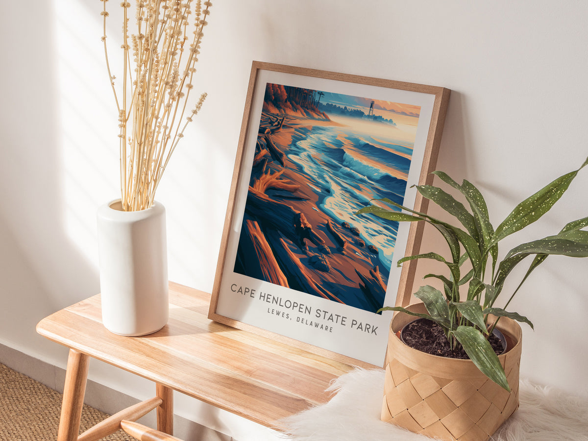 Cape Henlopen State Park Matte Border Poster | Lewes, Delaware Travel Wall Art — styled in a modern interior
