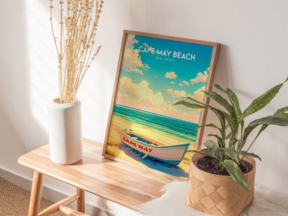 Cape May Beach, New Jersey Poster | Victorian Shore & Sunset Coastal Beach Decor — styled in a modern interior