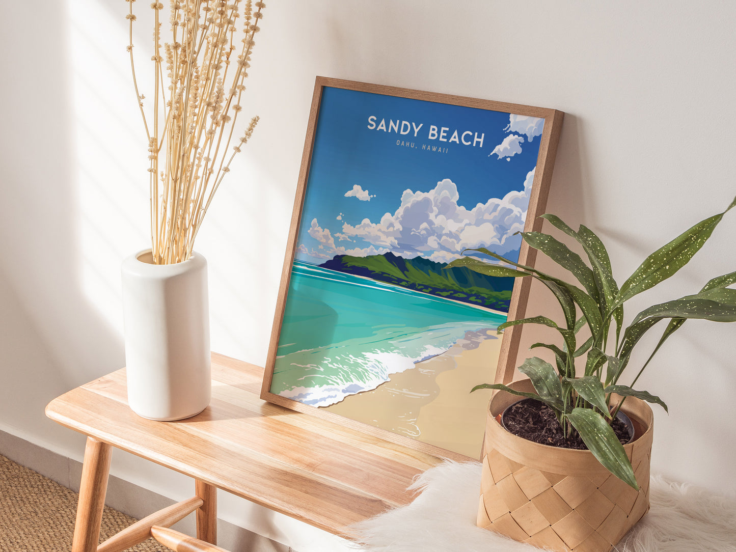 Sandy Beach Oahu Poster | Hawaii Tropical Beach Art | South Shore Print