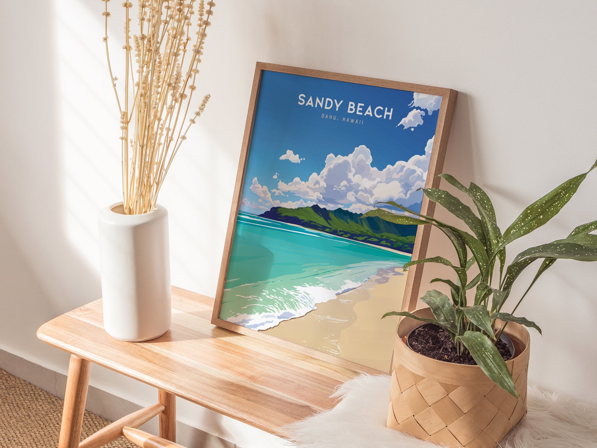 Sandy Beach Oahu Poster | Hawaii Tropical Beach Art | South Shore Print