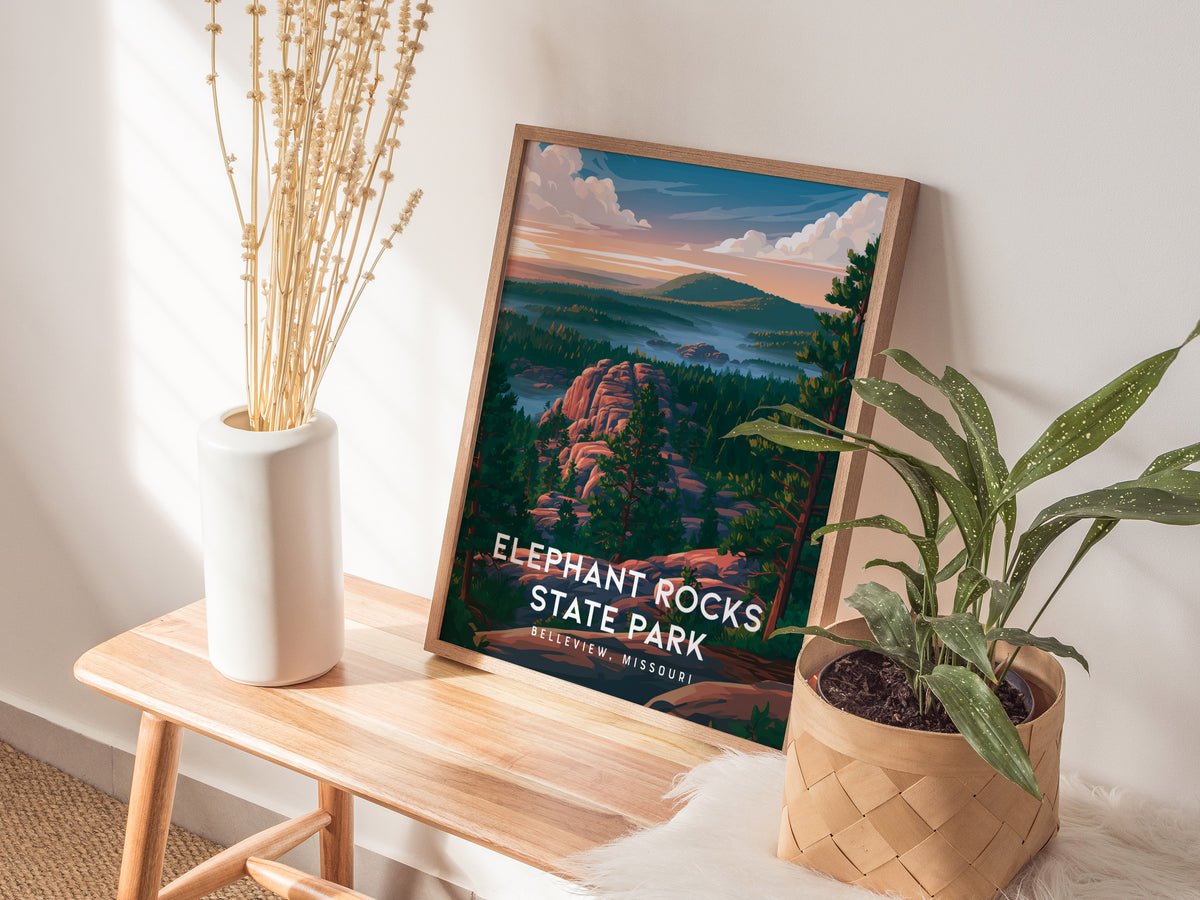 Elephant Rocks State Park, Belleview, Missouri Poster | Ancient Granite Boulders Travel Wall Art — styled in a modern interio