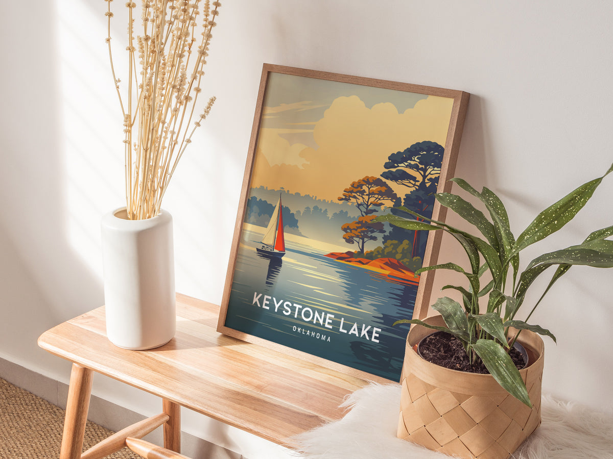 Keystone Lake, Oklahoma Poster | Lakeside Vacation Wall Art — styled in a modern interior