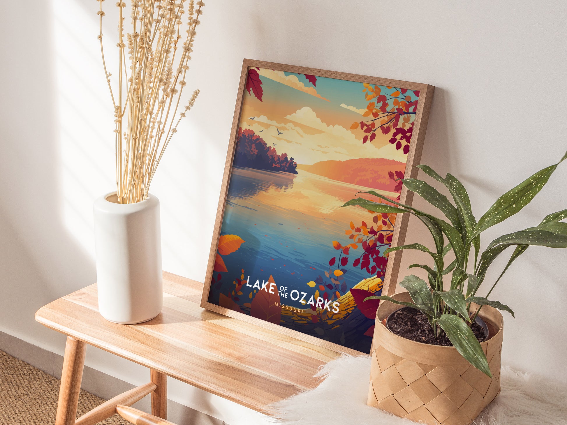 Stylized autumn landscape print of Lake of the Ozarks, featuring vibrant foliage and serene sunset colors, perfect for travel art decor.