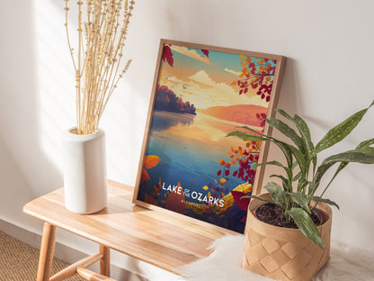Stylized autumn landscape print of Lake of the Ozarks, featuring vibrant foliage and serene sunset colors, perfect for travel art decor.