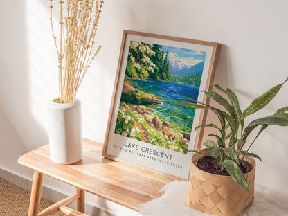 Lake Crescent Matte Border Poster | Olympic National Park, Washington Destination Print — styled in a modern interior