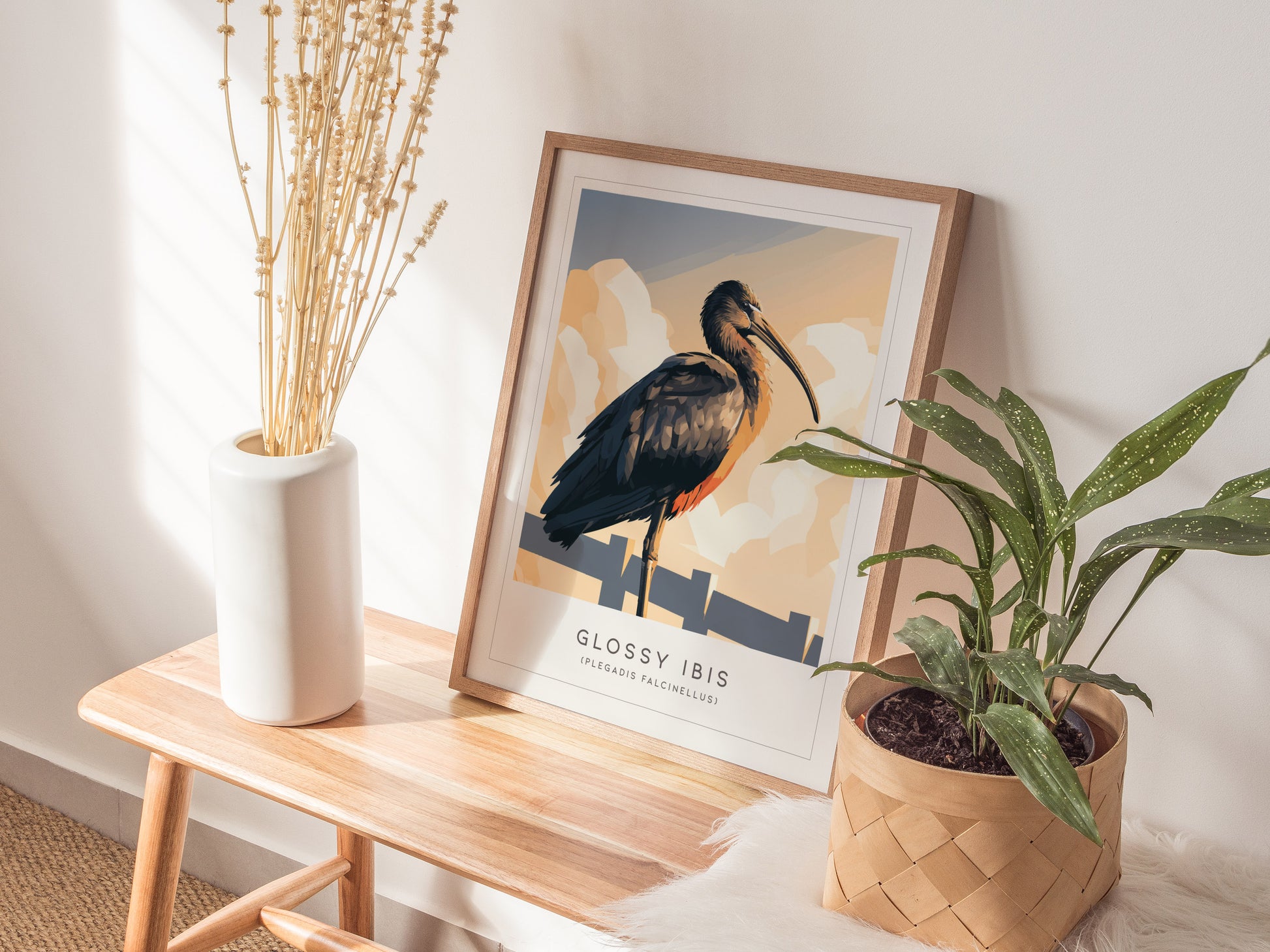 Glossy Ibis Poster | Iridescent Wading Bird Nature Wall Art — styled in a modern interior