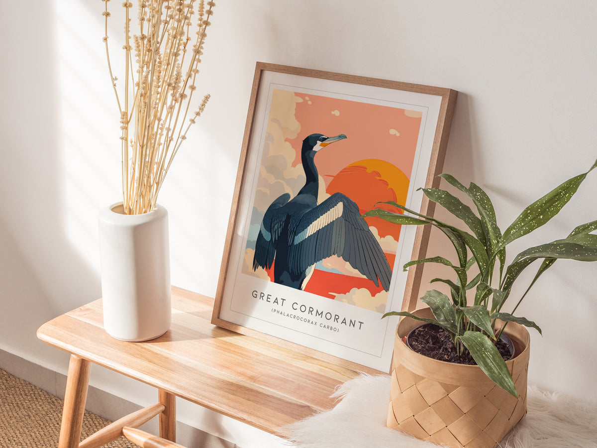 Great Cormorant, Phalacrocorax carbo Poster | Elegant Coastal Bird Wall Art — styled in a modern interior