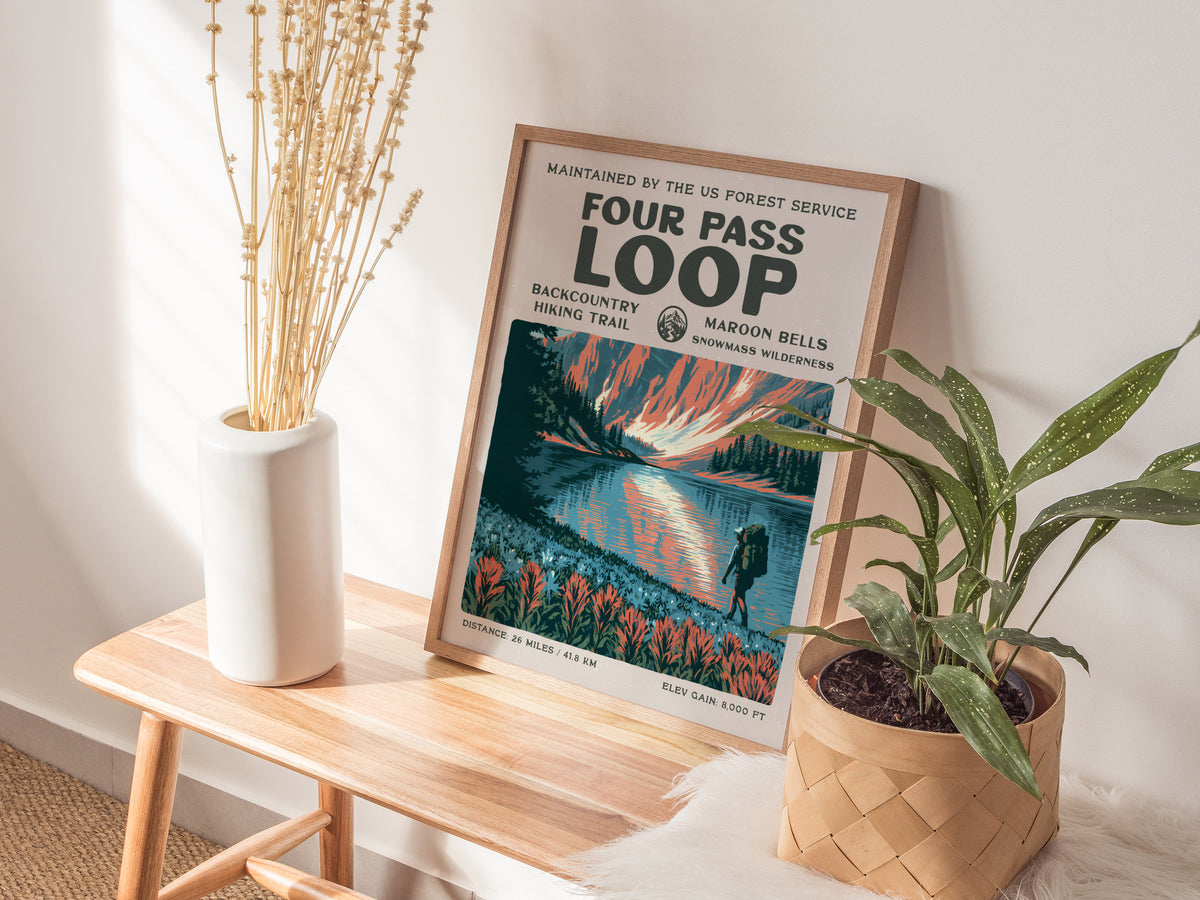 Four Pass Loop, Maroon Bells-Snowmass Wilderness Poster | Hiker Gift | Backcountry Trail Wall Art — styled in a modern interi