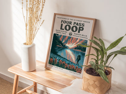Four Pass Loop, Maroon Bells-Snowmass Wilderness Poster | Hiker Gift | Backcountry Trail Wall Art — styled in a modern interi