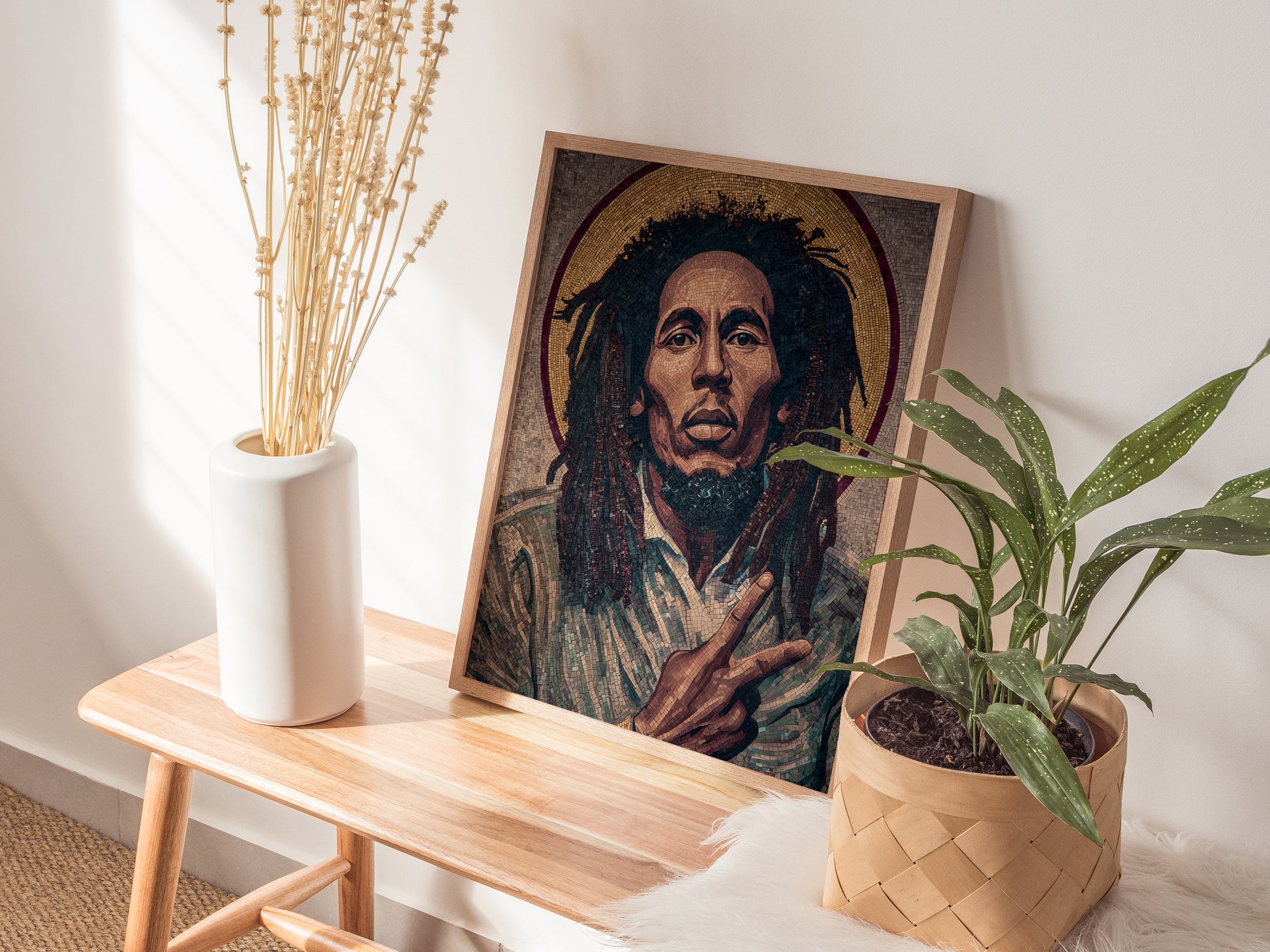 Byzantine-style mosaic portrait art of Bob Marley with earthy tones, featuring iconic dreadlocks and a peace sign gesture.